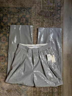 Good American Sequin Wide-Leg Trousers in Light Silver Gray
